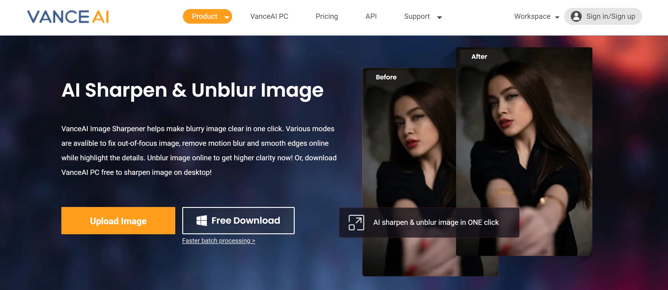 VanceAI Image sharpener homepage